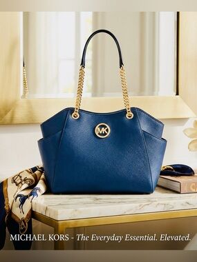 Michael Kors Navy Saffiano Leather Jet Set Shoulder Bag Gold Chain Tote NWT